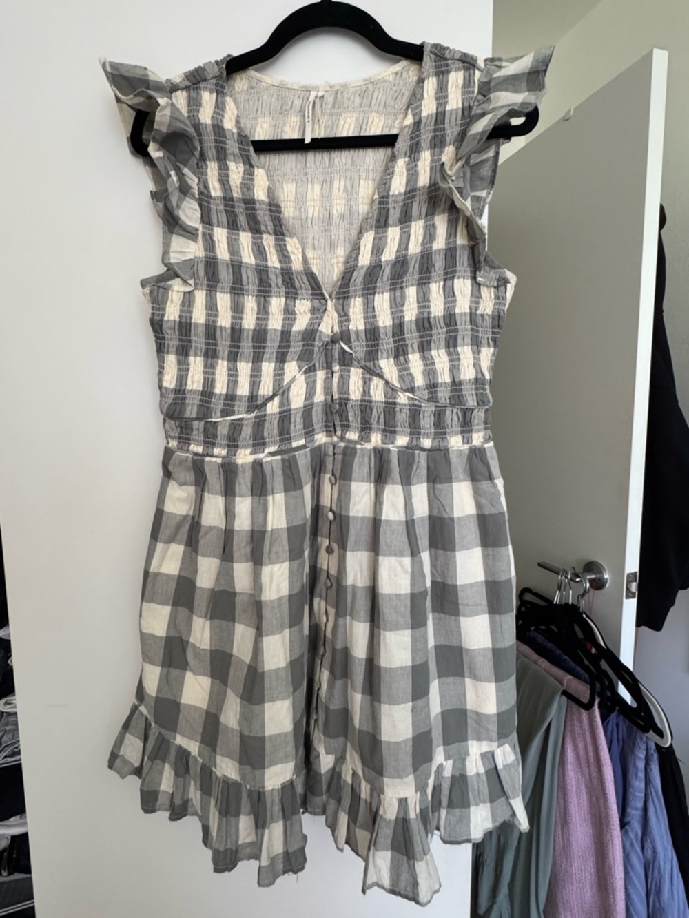 Anthropologie Gray and White Gingham Midi Dress